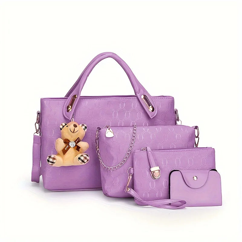 4-Piece Women's Geometric Pattern Handbag Set with Crossbody & Clutch