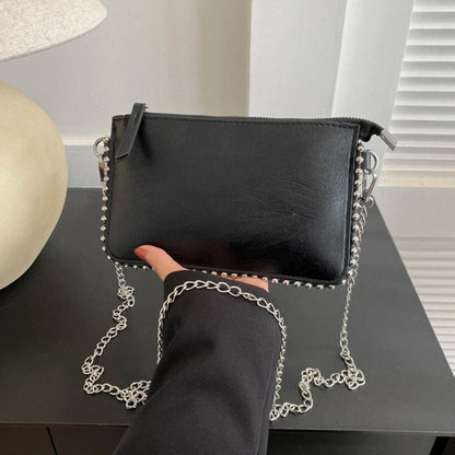 Faux Leather Crossbody Clutch Bag with Silver Chain Strap