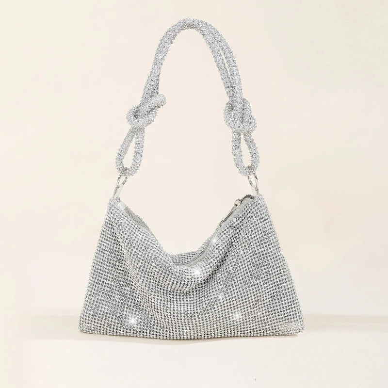 Rhinestone Embellished Shoulder Bags Sparkly Crystal Evening Purse Knotted Handle Parties Occasions
