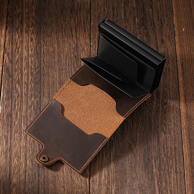 Double Aluminum Case Automatic Cartridge Card Clip Crazy Horse Leather Men Pop Bank Bag