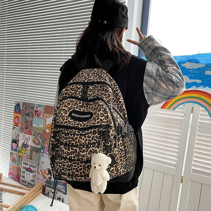 Leopard Print Backpack – Large Capacity School Bookbag with Side Mesh Pockets