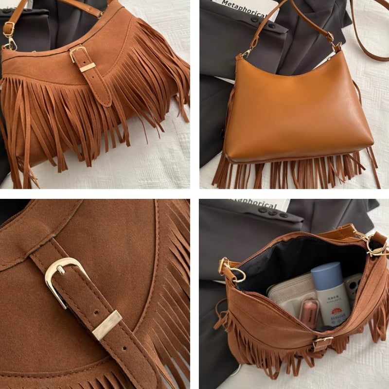 Suede Tassel Shoulder Bag for Women – Boho Fringe Crossbody