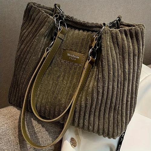 Corduroy Tote Bag with Chain Strap – Large Shoulder Bag