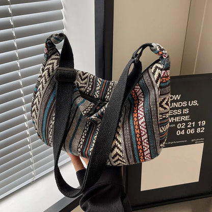 Boho Ethnic Canvas Crossbody Bag for Women – Casual Shoulder Purse