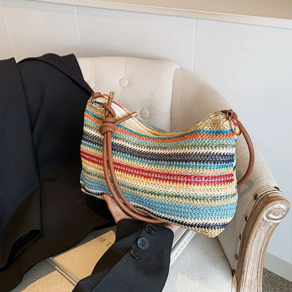 Women S Striped Woven Straw Tote Bag - Lightweight Large Capacity Detachable Coin Purse Zip Closure