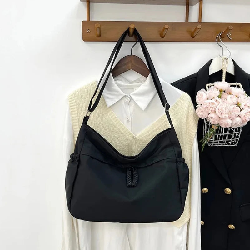 Minimalist Large Capacity Tote Bag Casual Multi Pocket Shoulder Bag Braided Drawstring Crossbody
