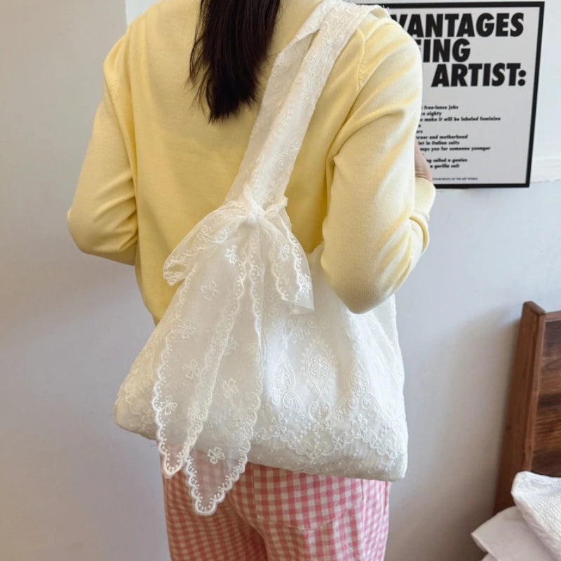 Floral Lace Tote Bag for Women – Soft White Shoulder Bag with Bow