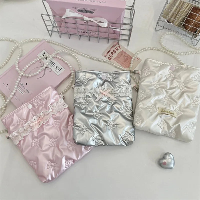Satin Mini Phone Bag – Bow Embossed Pearl Chain Shoulder Purse