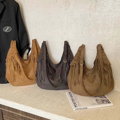 Vintage Suede Tassel Crossbody Bag – Large Capacity Shoulder Hobo Bag for Women