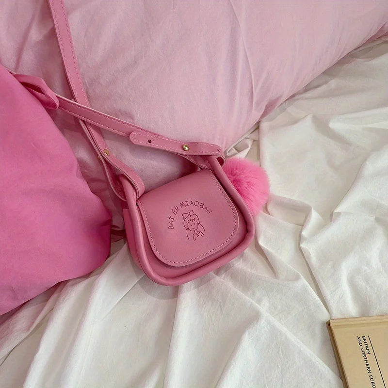 Mini PU Leather Shoulder Bag with Pompom Charm & Adjustable Strap