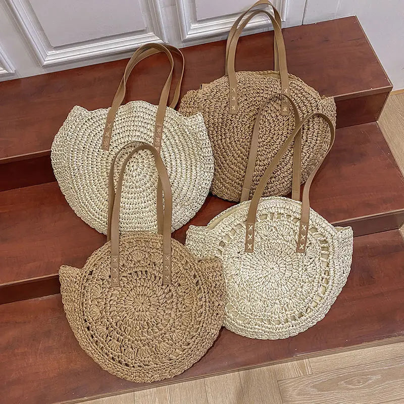 Round Straw Bag Women Handmade Crochet Beach Shoulder Tote