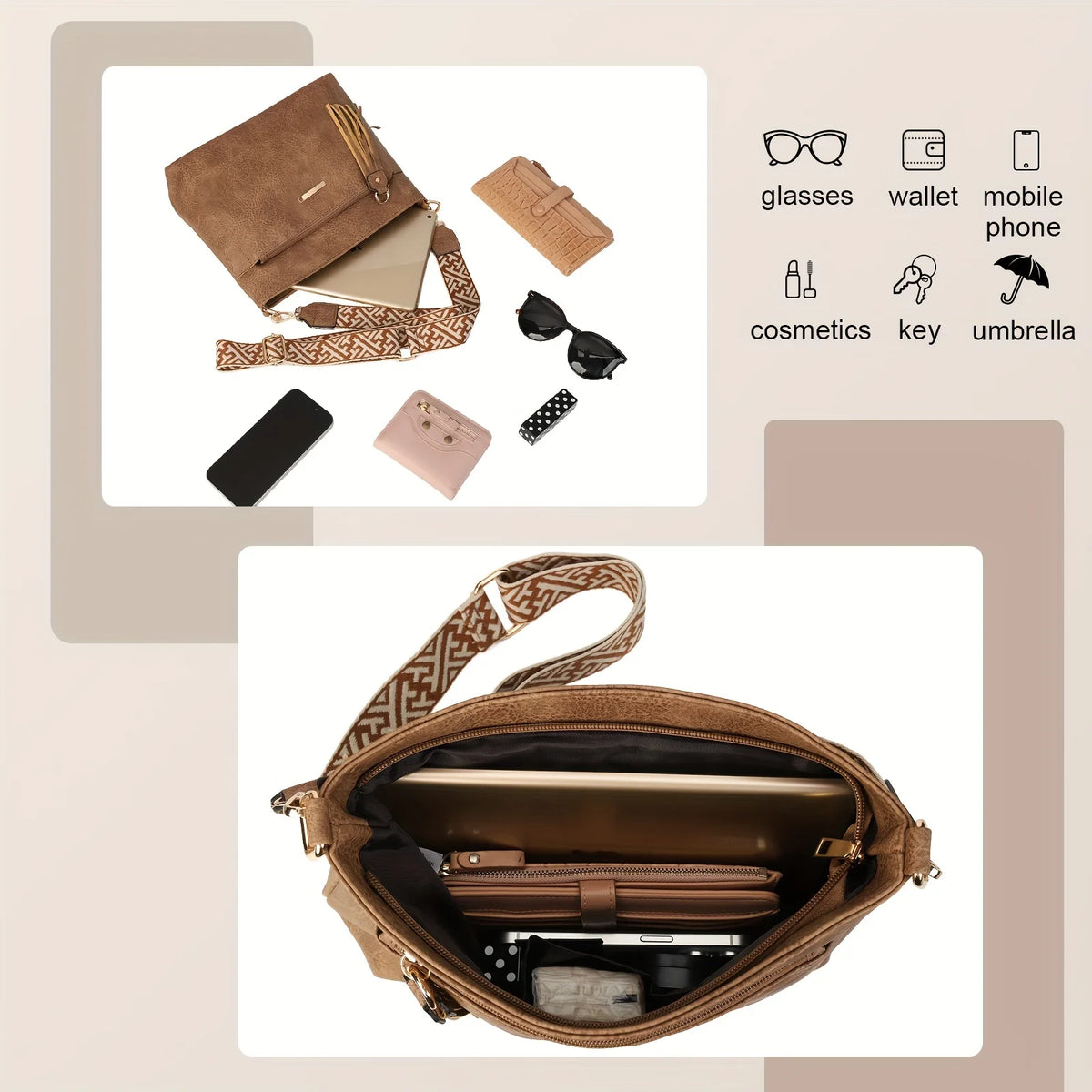 Textured Crossbody Bag – Faux Leather Shoulder Bag with Patterned Strap & Tassel Detail
