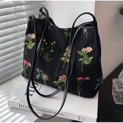 Floral Embroidery Corduroy Tote Bag – Large Capacity Shoulder Purse