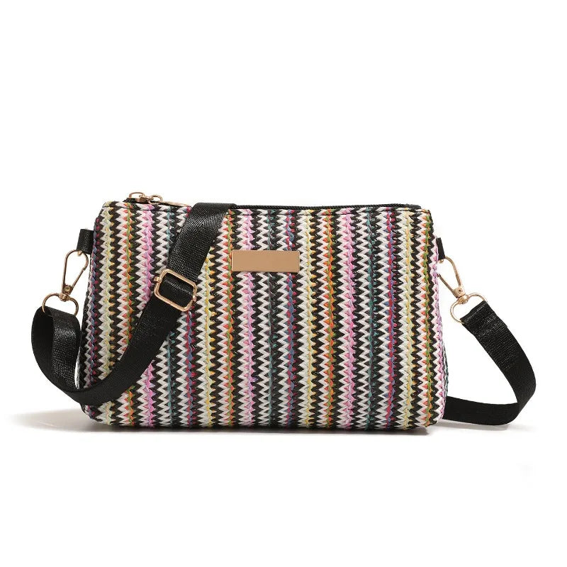 Colorful Striped Woven Crossbody Bag with Wide Adjustable Strap