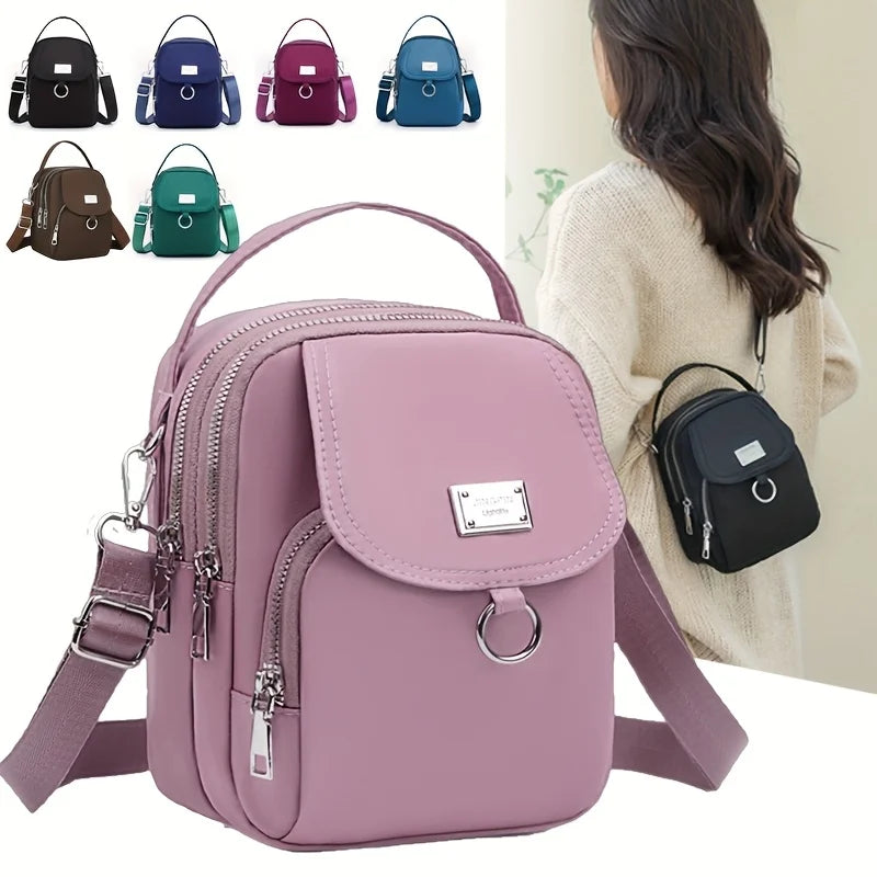 Mini Crossbody Bag for Women – Nylon Multi-Zip Shoulder Purse with Top Handle