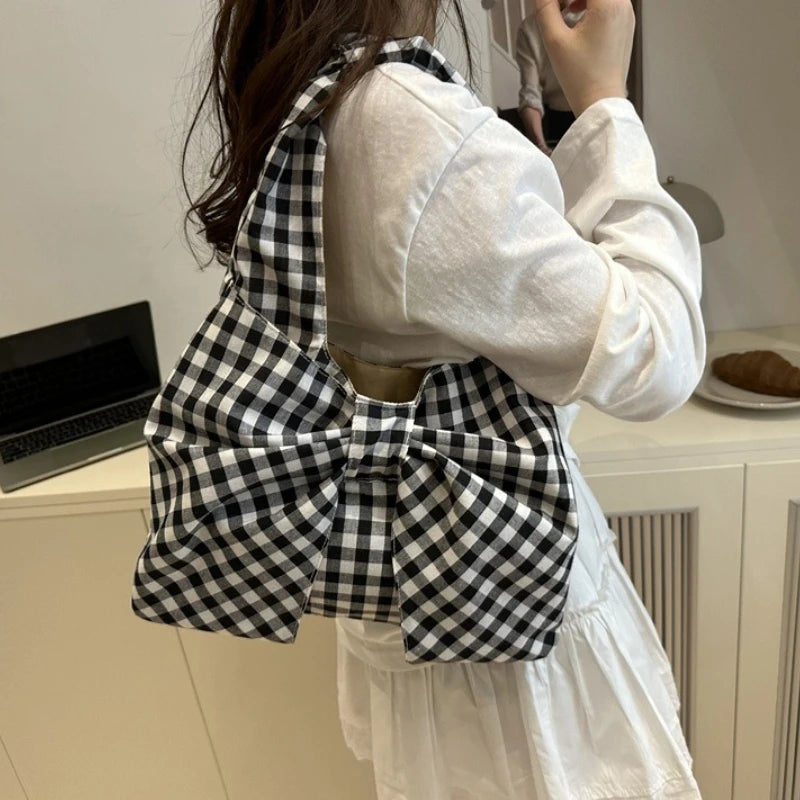 Checkered Canvas Tote Bag with Oversized Bow - Underarm Shoulder Handbag