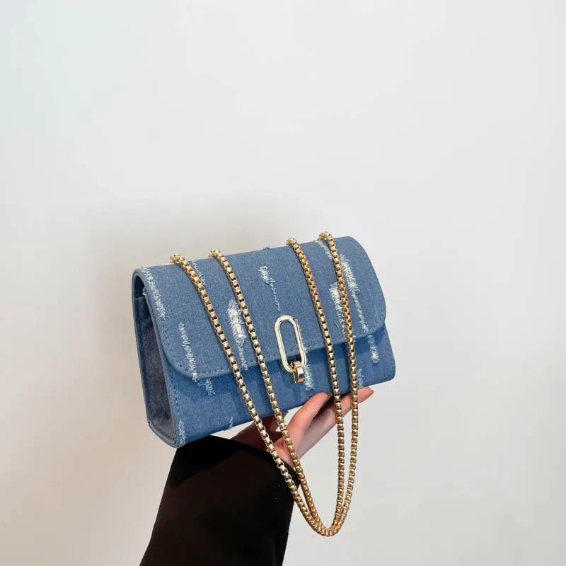 Distressed Denim Crossbody Bag with Gold Chain – Women's Small Square Shoulder Bag