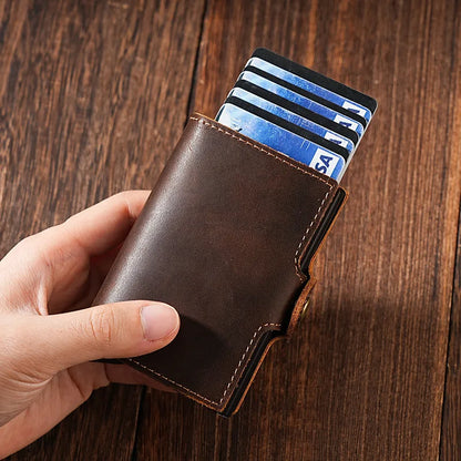 Double Aluminum Case Automatic Cartridge Card Clip Crazy Horse Leather Men Pop Bank Bag