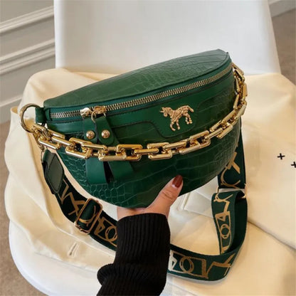 Crocodile Pattern PU Leather Crossbody Bag with Gold Chain Strap