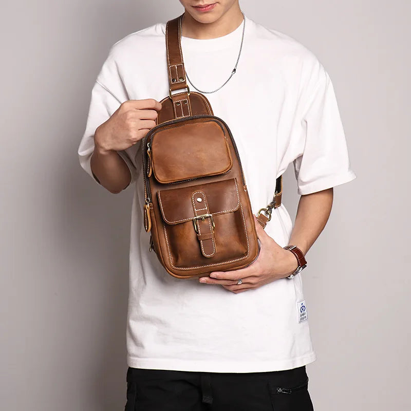 Retro Men S Crazy Horse Leather Chest Bag Outdoor Sports Large-Capacity Crossbody Multi-Functional