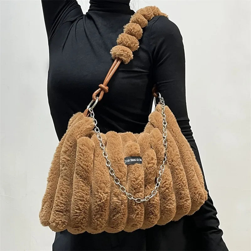 Plush Tote Bag – Women's Fuzzy Shoulder & Crossbody Handbag