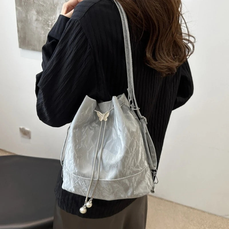 Drawstring Tote Bag Butterfly Pearl Convertible 2-In-1 Backpack Single Shoulder Purse - Soft
