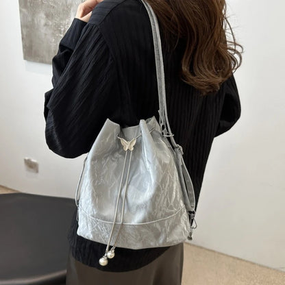 Drawstring Tote Bag Butterfly Pearl Convertible 2-In-1 Backpack Single Shoulder Purse - Soft