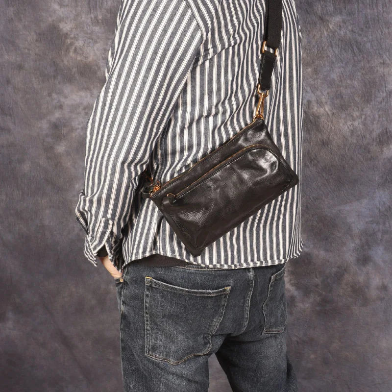 Plant Tanned Pleated Mobile Phone Containing Leather Cowhide Breast Bag Man Retro Motorcycle Sling