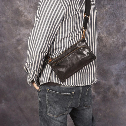 Plant Tanned Pleated Mobile Phone Containing Leather Cowhide Breast Bag Man Retro Motorcycle Sling