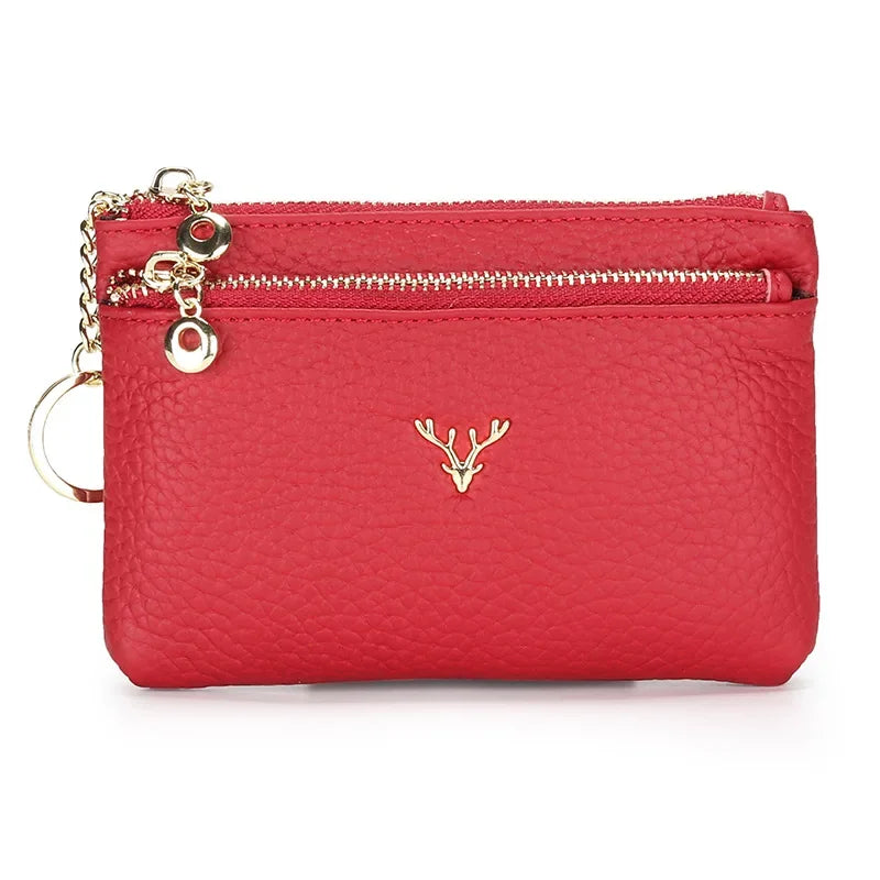 Cowhide Mini Coin Purse Multi-Function Key Bag Stylish Leather Premium Hardware Deer Head Zipper