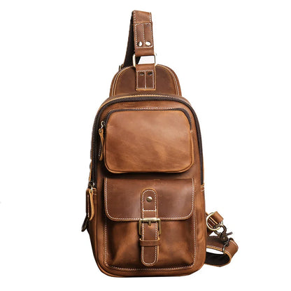 Retro Men S Crazy Horse Leather Chest Bag Outdoor Sports Large-Capacity Crossbody Multi-Functional