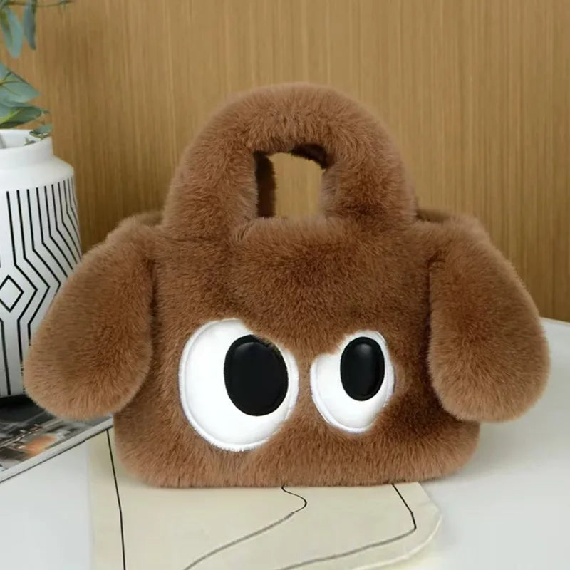 Cute Big-Eyed Dog Plush Tote Bag – Women's Fuzzy Handbag