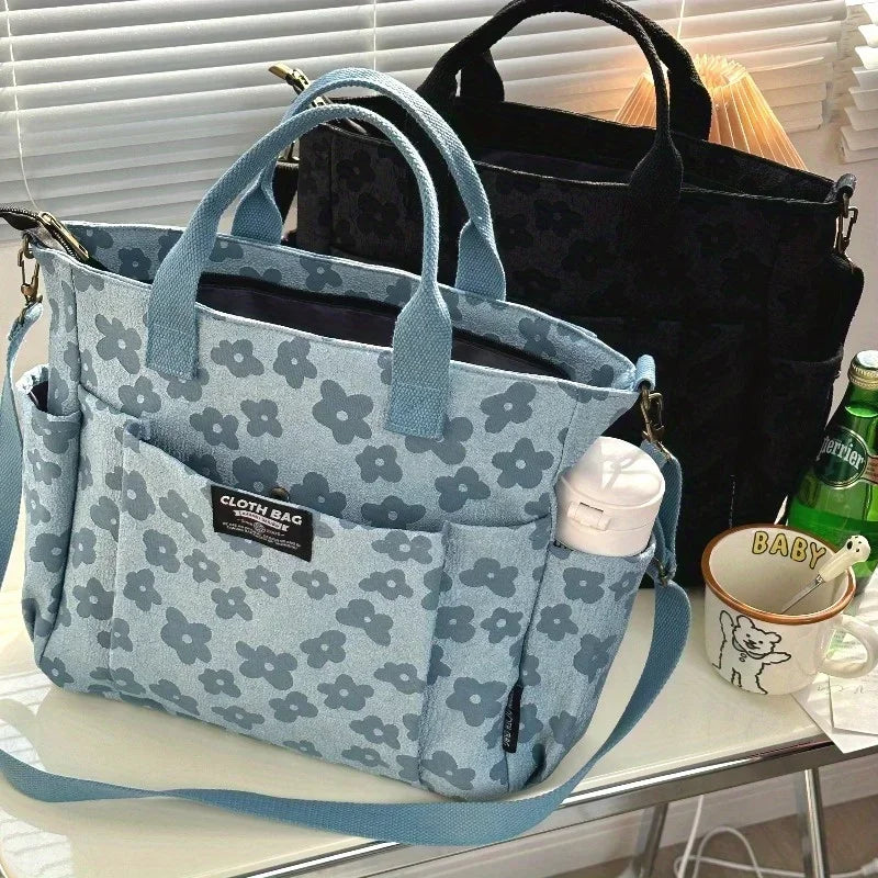 Floral Canvas Tote Bag with Laptop Compartment – Multifunctional