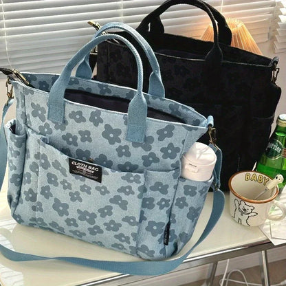 Floral Canvas Tote Bag with Laptop Compartment – Multifunctional
