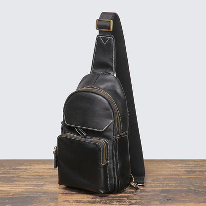 Men S Genuine Leather Chest Bag Casual Sports Crossbody Single-Shoulder Backpack Large-Capacity