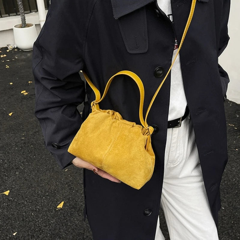 Suede Ruched Mini Bucket Bag with Detachable Strap