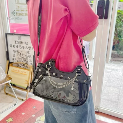 Y2K Ita Shoulder Bag – Transparent Pocket Underarm Handbag with Star & Cross Detail