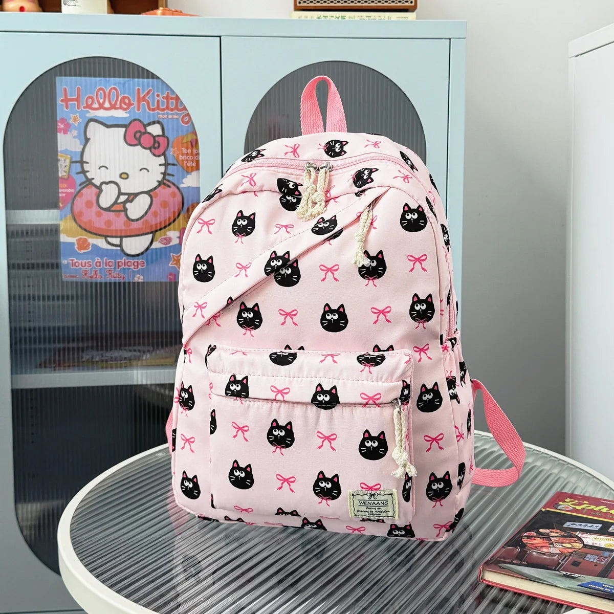 Fresh Age Reducing Cartoon Animal Bow Print Student Backpack Nylon Lightweight Large Capacity Casual