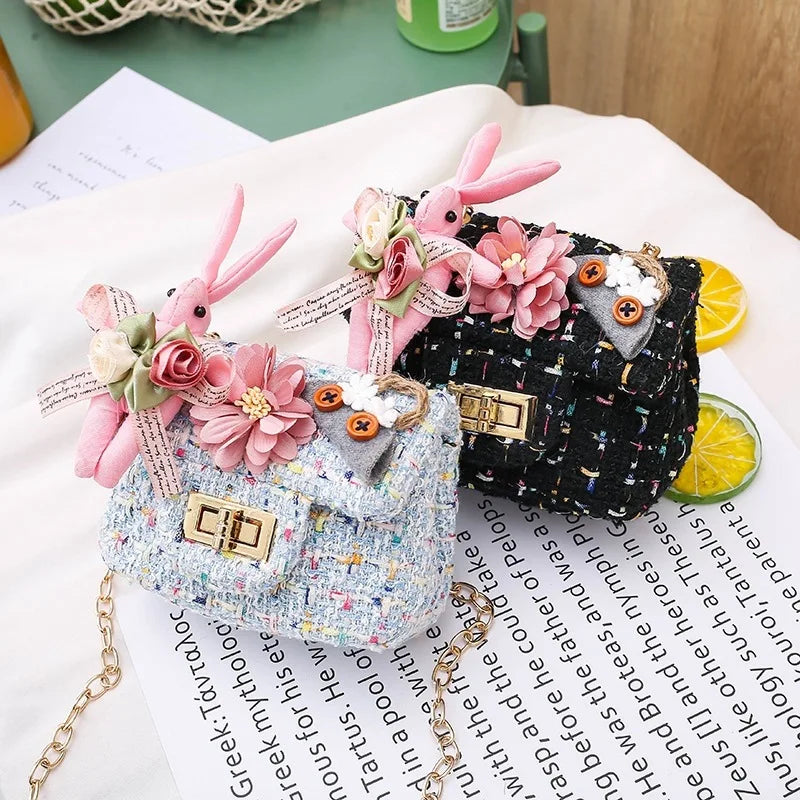 Cute Kids Floral Tweed Shoulder Crossbody Bags Pearl Flower Decor Chic Clutch Bag Mini Chain Purse