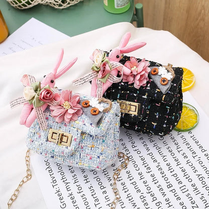Cute Kids Floral Tweed Shoulder Crossbody Bags Pearl Flower Decor Chic Clutch Bag Mini Chain Purse