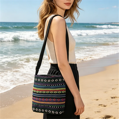 Bohemian Canvas Crossbody Bag – Ethnic Print Zipper Purse