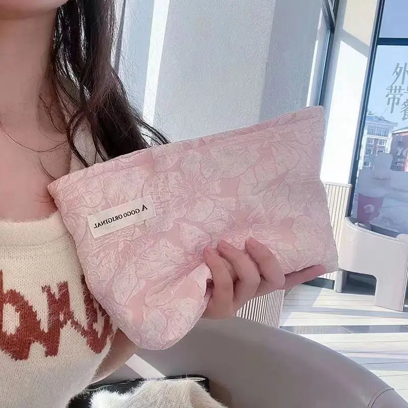 Floral Embossed Cosmetic Bag – Large Capacity Makeup Pouch