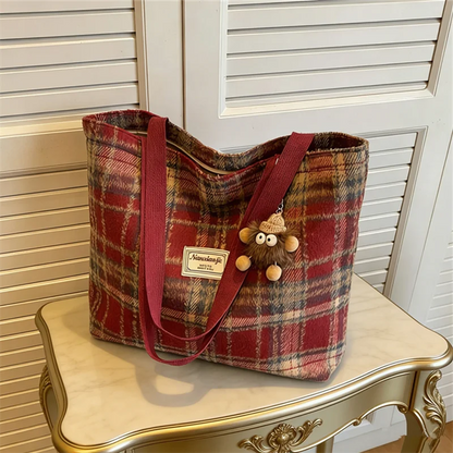 Plaid Wool Tote Bag – Soft Shoulder Handbag with Pendant