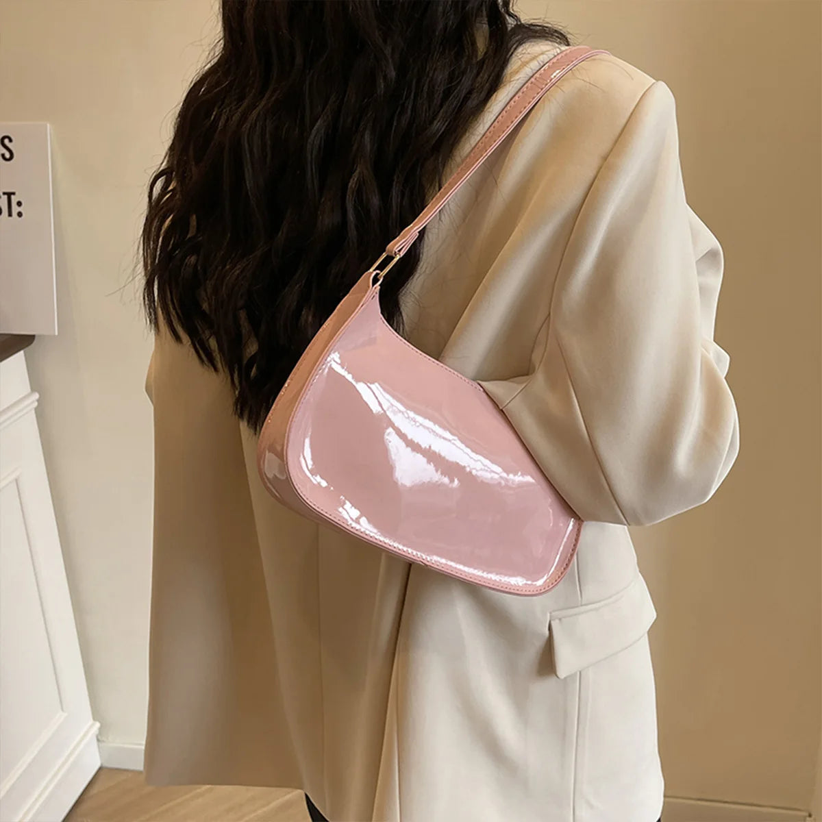 Stylish Casual Women S Underarm Bag Glossy Pu Shoulder Lightweight Solid Color Handbag Outings