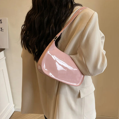 Stylish Casual Women S Underarm Bag Glossy Pu Shoulder Lightweight Solid Color Handbag Outings