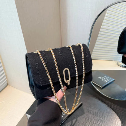 Distressed Denim Crossbody Bag with Gold Chain – Women's Small Square Shoulder Bag