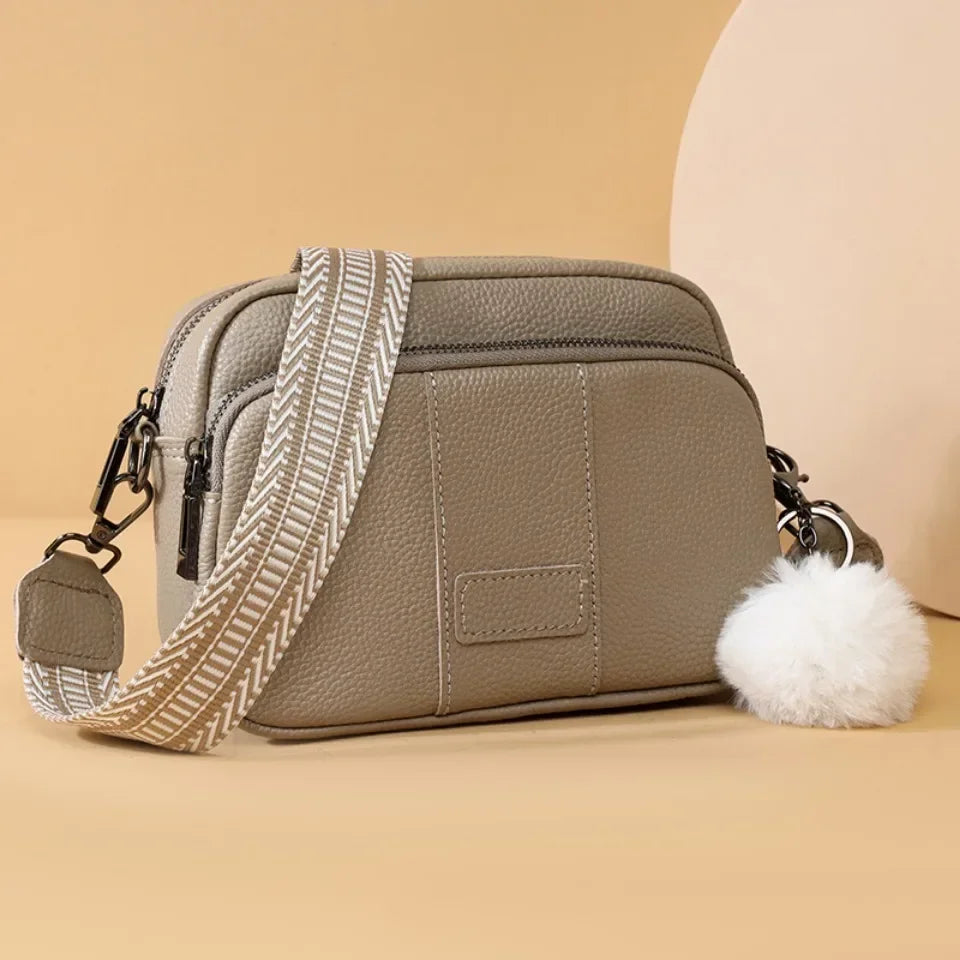 Genuine Leather Women's Crossbody Bag with Fur Charm