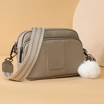 Genuine Leather Women's Crossbody Bag with Fur Charm