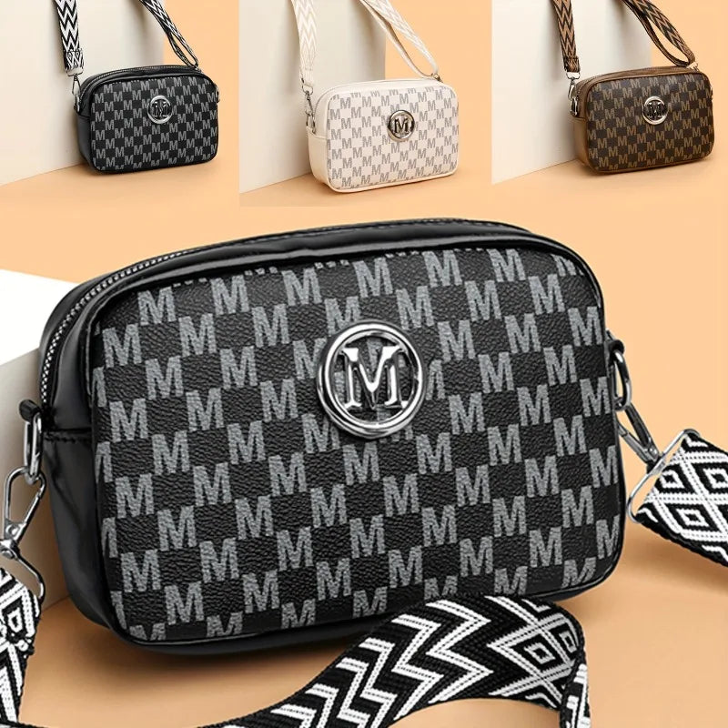 Women's PU Leather Crossbody Bag with M Logo Badge & Wide Strap