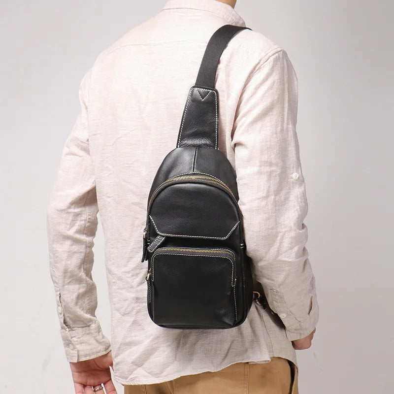 Men S Genuine Leather Chest Bag Casual Sports Crossbody Single-Shoulder Backpack Large-Capacity